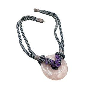 Vintage Pink Quartz and Amethyst Chips Necklace Donut Pendant Textile Silk Cords